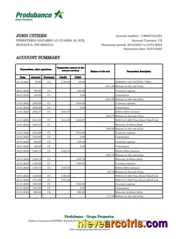 Nicaragua Banco de la Producción bank statement